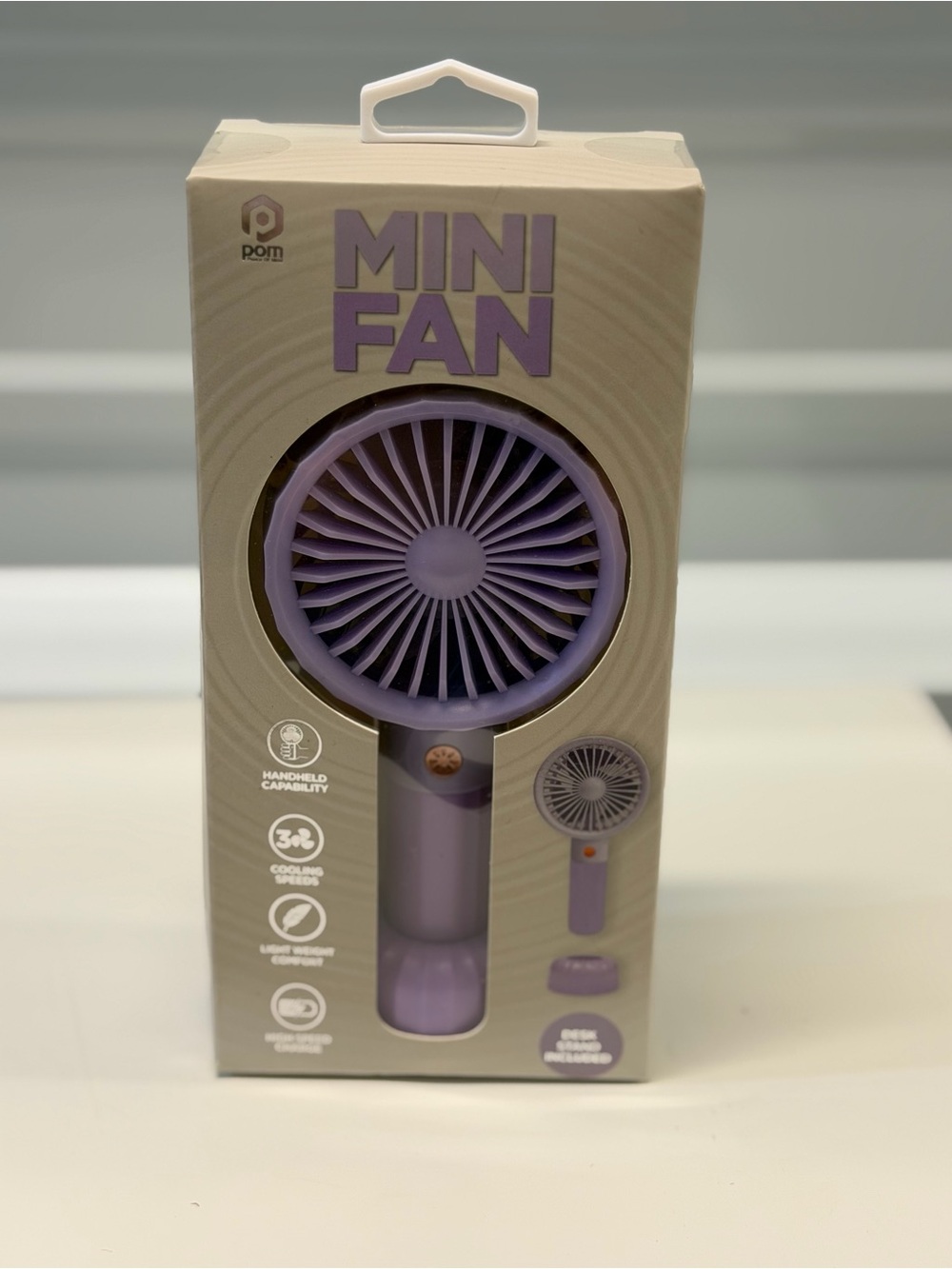 POM Mini Portable Handheld Fan Purple Rechargeable 3 Speed Cooling Desk Stand